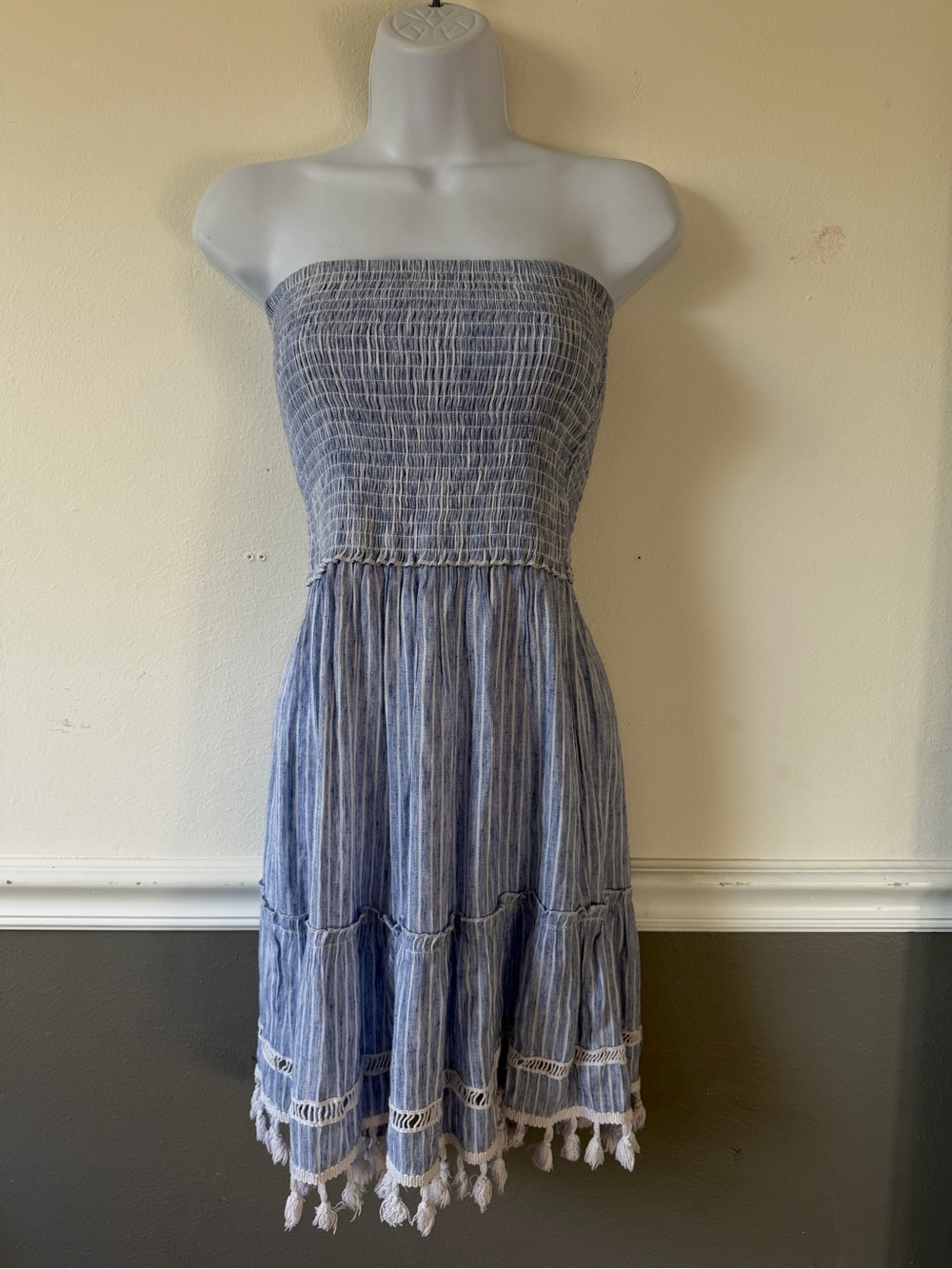 blue island Strapless Blue & White Smocked Sundress with Tassel Hem